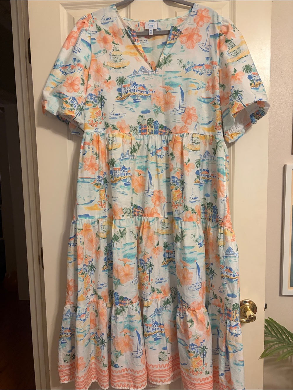 crown & ivy Peach and Aqua Floral Tiered Midi Dress